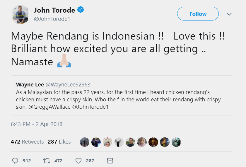 Kenyataan Torode bahawa rendang berasal dari Indonesia dan mengucapkan “namaste” mengguris sensitiviti masyarakat tempatan. - Foto/Twitter @JohnTorode1