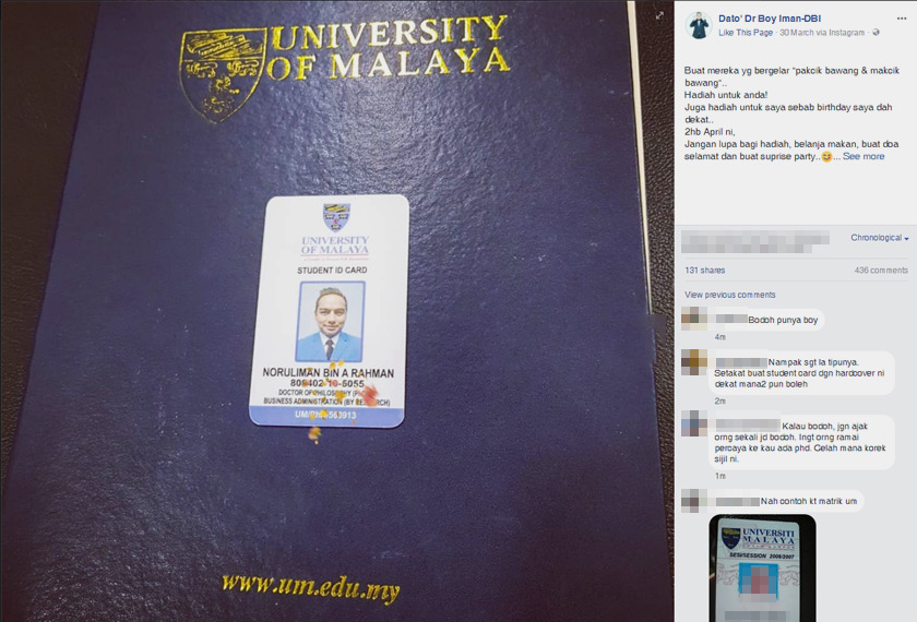 Gambar yang dipaparkan dalam Facebook menunjukkan penulisan projek akademik yang telah dijilid dan disertakan kad pelajar telah dipaut melalui akaun Instagram miliknya pada 30 Mac lepas, sebelum dibuang setelah kenyataan daripada universiti berkenaan dikeluarkan hari ini.