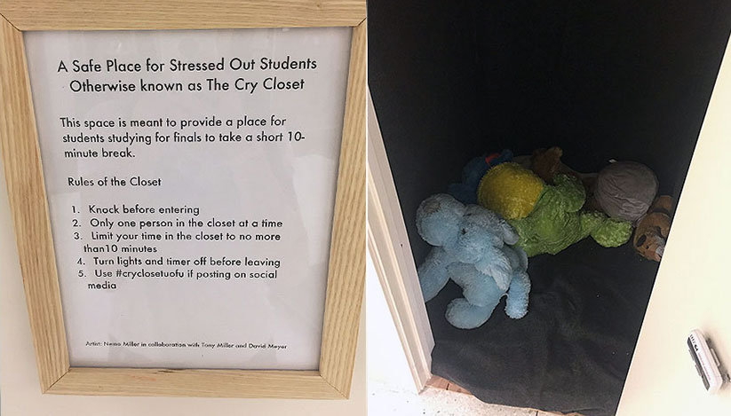 Notis digantung di hadapan pintu, manakala boneka comel sedia menanti mereka yang memasuki 'bilik menangis' itu. - Foto: Twitter: @aJackieLarsen