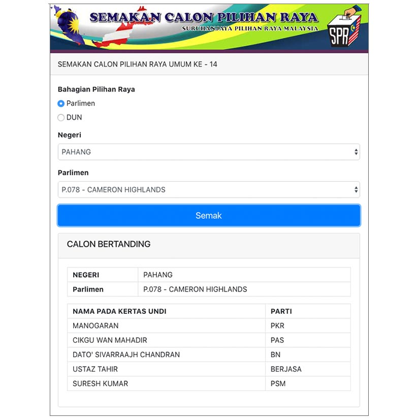 Senarai calon di parlimen P.078 Cameron Highlands di laman sesawang SPR