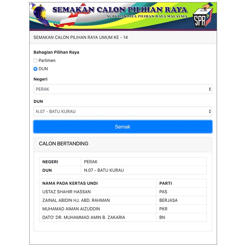 Senarai calon yang bertanding di Dun N.07 Batu Kurau di laman sesawang SPR