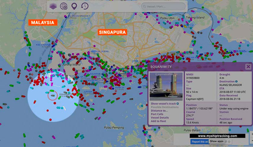 Lokasi Equanimity yang dikesan pada sekitar jam 9.30 malam.