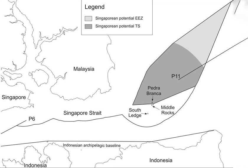 Peta 3. Kawasan Maritim yang Boleh dituntut Singapura menerusi Batu Puteh di Laut China Selatan  (Sumber: Andi Arsana [2017])