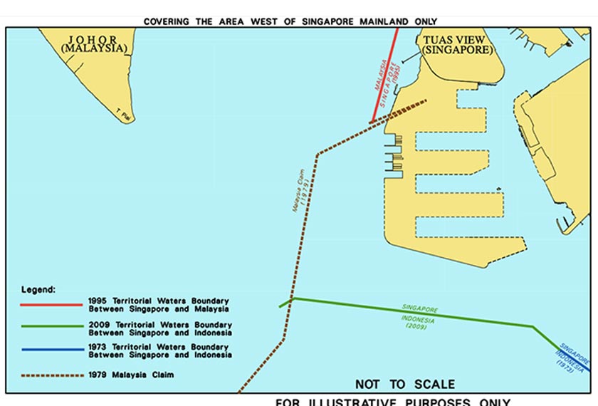 Peta 1. Singapura telah menambak kawasan yang dituntut unilateral oleh Malaysia (garis berwarna coklat) menerusi Peta 1979 (Sumber: Maritime and Port Authority of Singapore)