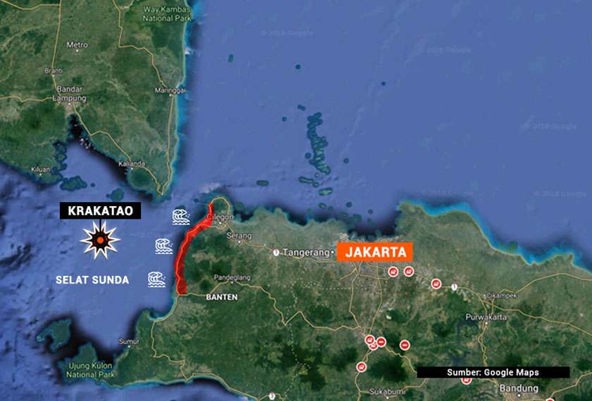 Letusan di gunung Anak Krakatao menyebabkan berlaku gelongsoran tanah di bawah laut di Selat Sunda, mengakibatkan tsunami melanda beberapa kawasan di wilayah Banten.