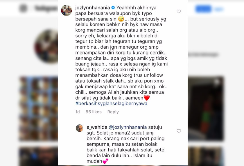 Ozlyn turut menegur netizen yang suka cari salah orang. - Instagram / @jozlynnhanania