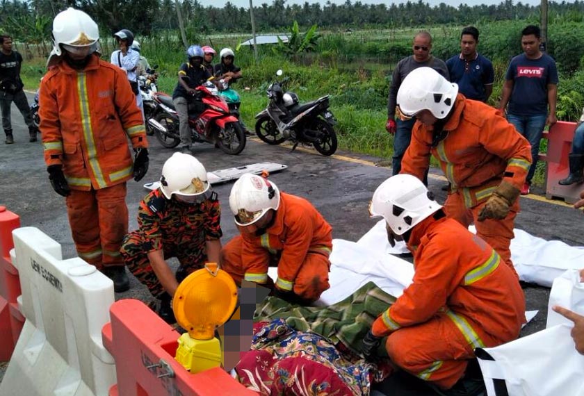 Kenderaan dinaiki empat sekeluarga ini hilang kawalan lalu terbabas ke laluan bertentangan - Foto JBPM