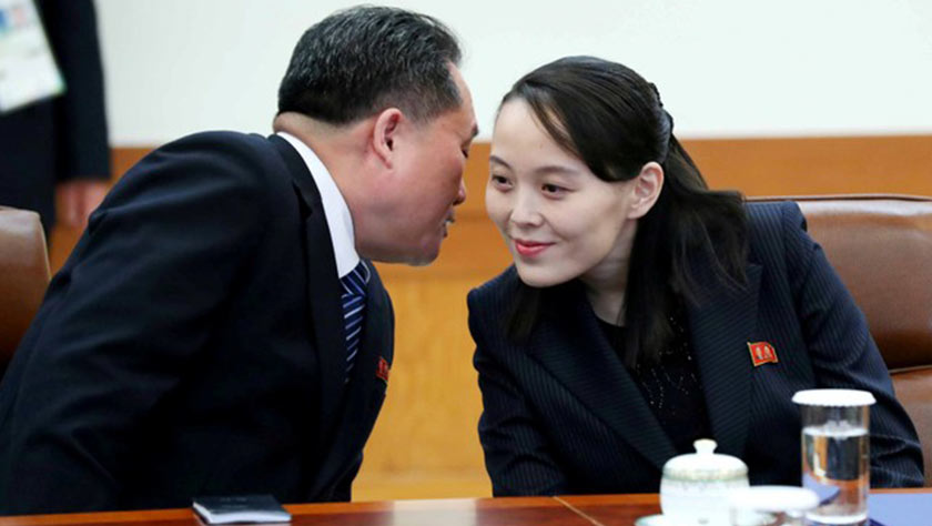 Ri Son-kwon, chairman of the Committee for the Peaceful Reunification of the Fatherland whispers to Kim Yo Jong, the sister of North Korea's leader Kim Jong Un before their meeting at the Presidential Blue House in Seoul, South Korea, Feb 10, 2018. - Yonhap via REUTERS
