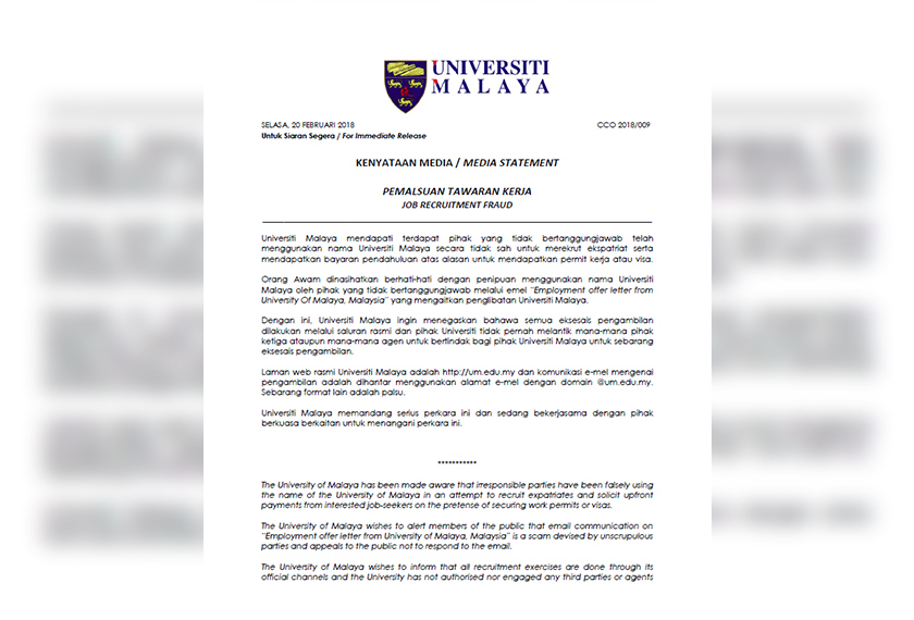 Kenyataan rasmi yang dikeluarkan oleh Universiti Malaya.