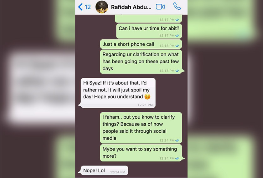 Mesej yang dihantar kepada Astro AWANI oleh Rafidah Abdullah yang enggan mengulas lanjut tentang dakwaan tersebut.