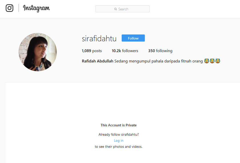 Laman Instagram Rafidah Abdullah yang menunjukkan beliau difitnah.