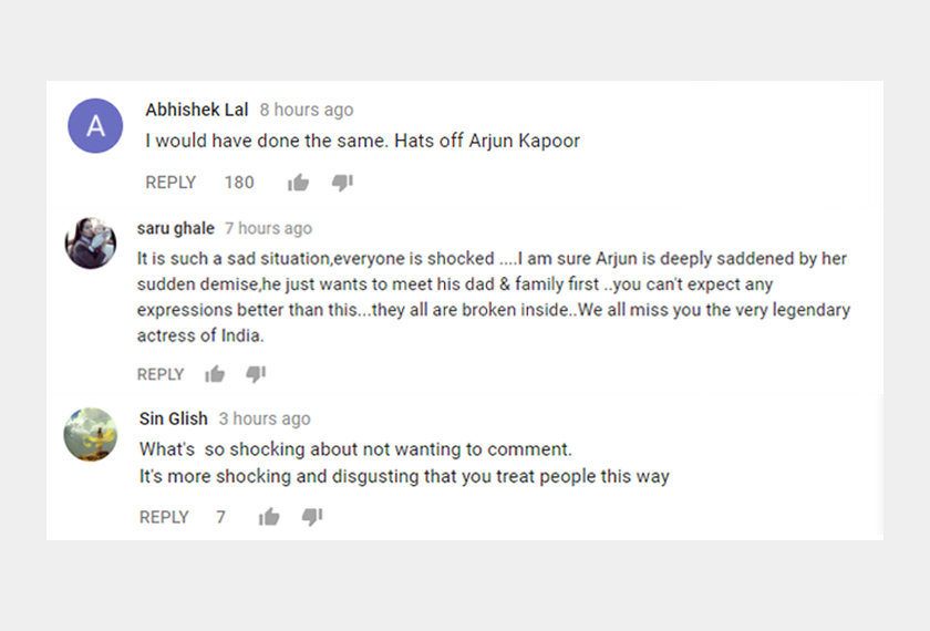 Antara komen netizen yang menyifatkan media tempatan tidak punya rasa belas kasihan terhadap Arjun Kapoor.Sumber: Youtube