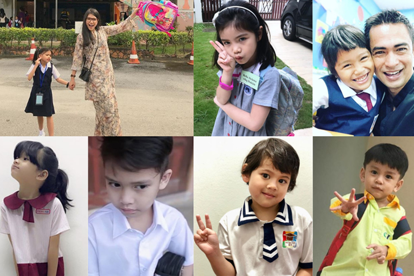 Antara yang memulakan persekolahan hari ini ialah (dari kiri, atas) anak Elyana, Cinta Sumaiyah; anak Stacy, Bella; anak Sheikh Muszaphar, Bella; (dari kiri, bawah) anak Atita Haris, Opi; anak Sari Yanti, Baasit; anak Tomok, Arrian; dan anak Memey dan Norman Hakim, Darwish.