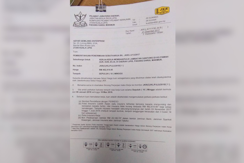 peruntukan sejumlah RM462,414.40 telah diluluskan JKR dengan arahan kerja baik pulih akan bermula pada 8 Januari dan berakhir 18 Mac 2018. 
