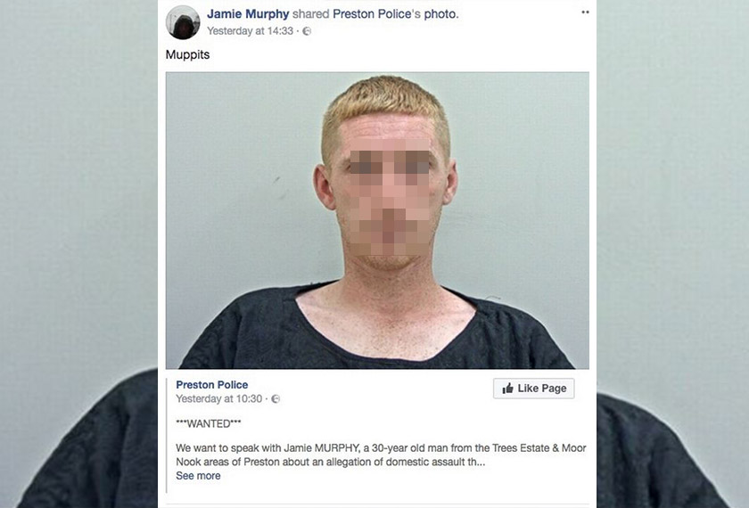 Murphy berkongsi status Polis Preston ke akaun Facebooknya.