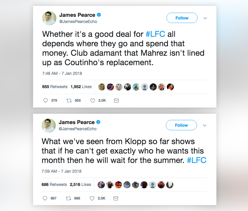 Kenyataan wartawan Liverpool FC, James Pearce menerusi Twitter