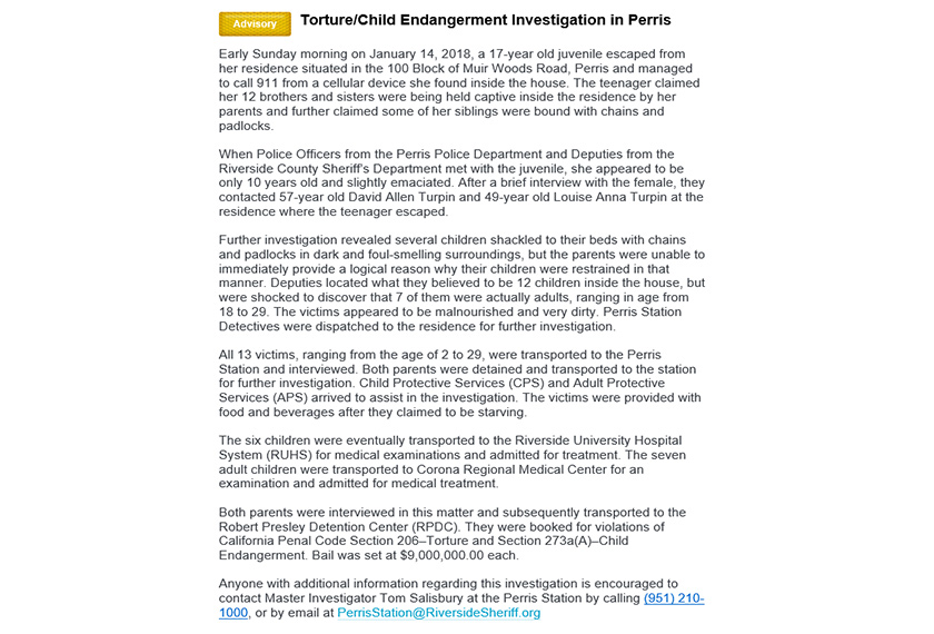 The online statement posted by the Riverside County Sheriff's Department