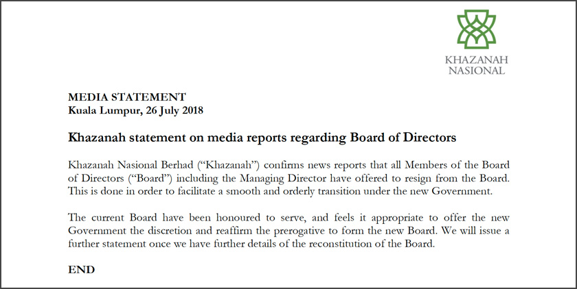 Ini merupakan kenyataan rasmi Khazanah Nasional Berhad berhubung perletakan jawatan itu.