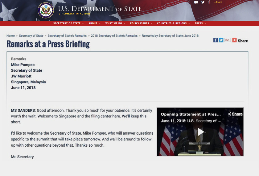 Alamat berkenaan ditulis “JW Marriott, Singapura, Malaysia” dalam taklimat akhbar yang disiarkan di laman web rasmi Jabatan Negara Amerika Syarikat.