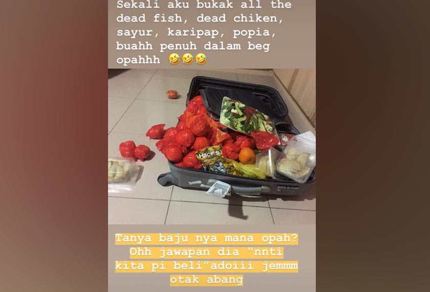 Muhammad Shafiq, 26 tahun terkejut apabila nenek kesayangan datang dari Sabah tidak membawa walaupun sehelai pakaian di dalam beg bagasi. Lebih menarik apabila beg bagasi tersebut penuh berisi makanan untuk cucu kesayangan yang menetap di Kuala Lumpur. Beg bagasi yang di bawa Zaharah dari Kota Kinabalu penuh berisi buah limau, ikan, ayam, ubi kayu, karipap, popia dan lain-lain bertujuan untuk menjamu cucu kesayangan di ibu kota. Zaharah membawa barangan dapur seperti ikan dan sayuran sebenarnya untuk memasak makanan kegemaran cucunya iaitu taucu ikan. “Sebenarnya saya ada pesan untuk bawa limau, buah kegemaran saya. Ingatkan dia bawa sikit, rupanya separuh beg bagasi penuh dengan limau,” jelas Syafiq kepada Astro AWANI. “Kita beli baju baru,” ringkas jawapan Zaharah,72 tahun nenek kepada Syafiq selepas disoal “mana pakaian ?” Syafiq yang hanya berniat untuk berkongsi telatah lucu neneknya bersama saudara-mara yang lain di media sosial tidak menyangka perkara tersebut menarik perhatian ramai. Syafiq merupakan cucu kesayangan neneknya dan sangat akrab sejak berusia 2 tahun, hingga sekarang. “Lagipun saya memang manja sikit dengan nenek, sebab dia yang menjaga saya dari kecil hingga dewasa,” kata Syafiq. Cucu kesayangan ini menjemput neneknya dari Kota Kinabalu di Lapangan Terbang Antarabangsa Kuala Lumpur (KLIA) pada malam hari sebelum kejadian lucu itu terjadi. “Dia datang dengan beg besar, saya ingatkan dalam beg bagasi tersebut berisi baju kerana nenek mahu tinggal lama di Kuala Lumpur,” kata Syafiq.