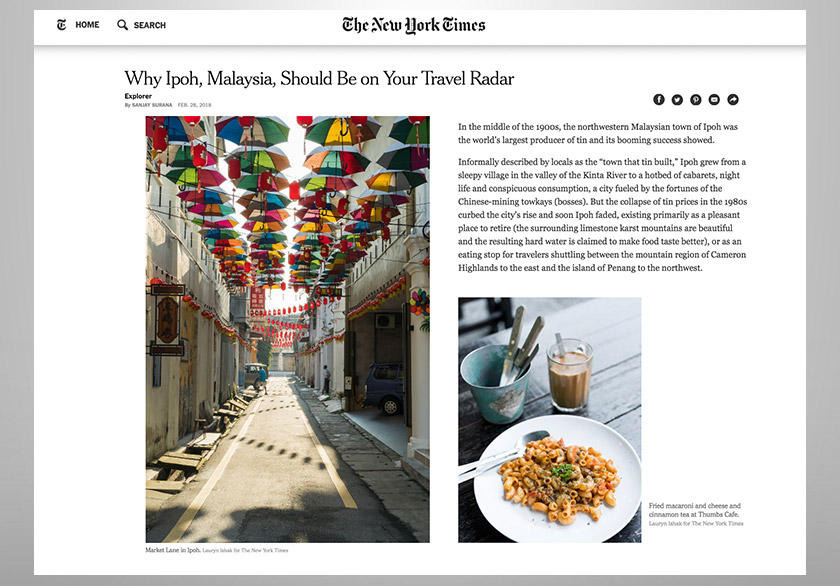 Artikel tentang Ipoh yang tersiar dalam The New York Times.