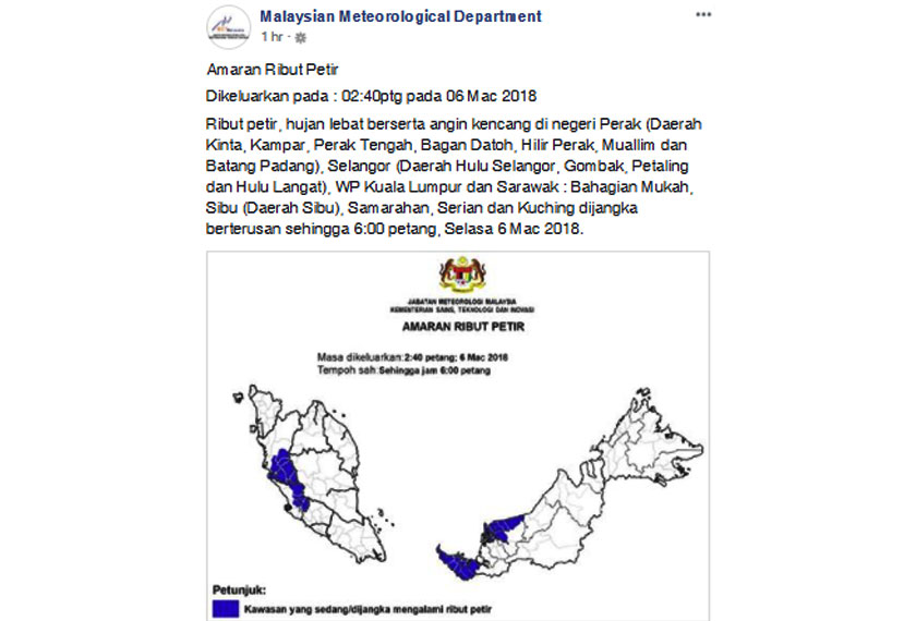 abatan Meteorologi Malaysia melalui akaun facebooknya turut mengeluarkan amaran ribut petir, hujan lebat dan angin kencang di beberapa kawasan