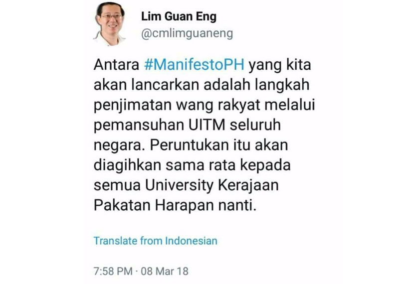 Tweet tentang Manifesto Pakatan Harapan yang kononnya dikeluarkan daripada akaun Twitter Guan Eng.
