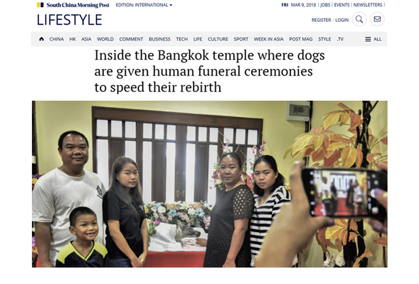Sebuah keluarga penganut agama Buddha melakukan upacara khas bagi kematian anjingnya di sebuah kuil di Bangkok, Thailand. -Foto South China Morning Post