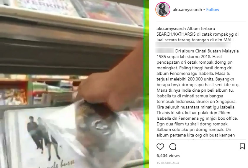 Amy Search kecewa kerana tiada undang-undang tegas dikenakan kepada 'perompak' hasil seni - Foto Instargram @aku.amysearch