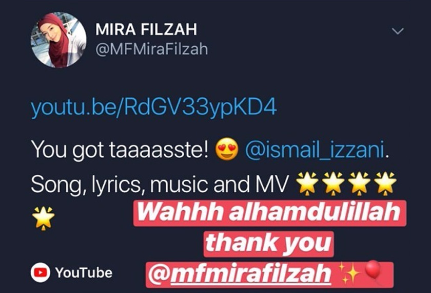 Mira Filzah memberi respon yang positif daripada single terbaru Ismail Izzani. Ismail juga sempat merakamkan ucapan terima kasih melalui 'instastory' dalam akaun Instagram miliknya.