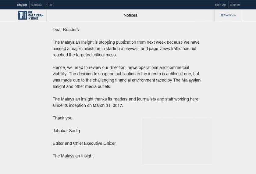 Kenyataan The Malaysian Insight yang dimuat naik di portal beritanya hari ini.
