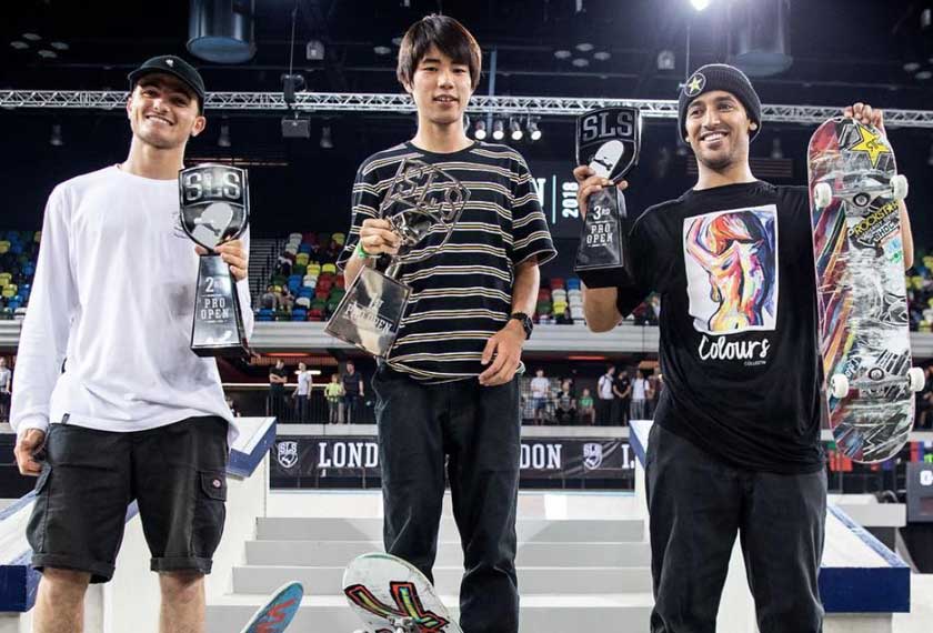 Pemenang SLS Pro Open London 2018, dari kiri, Vincent Milou (kedua), Yuto Horigome (juara) dan Kevin Hoefler (ketiga). - Gambar Instagram/SLS