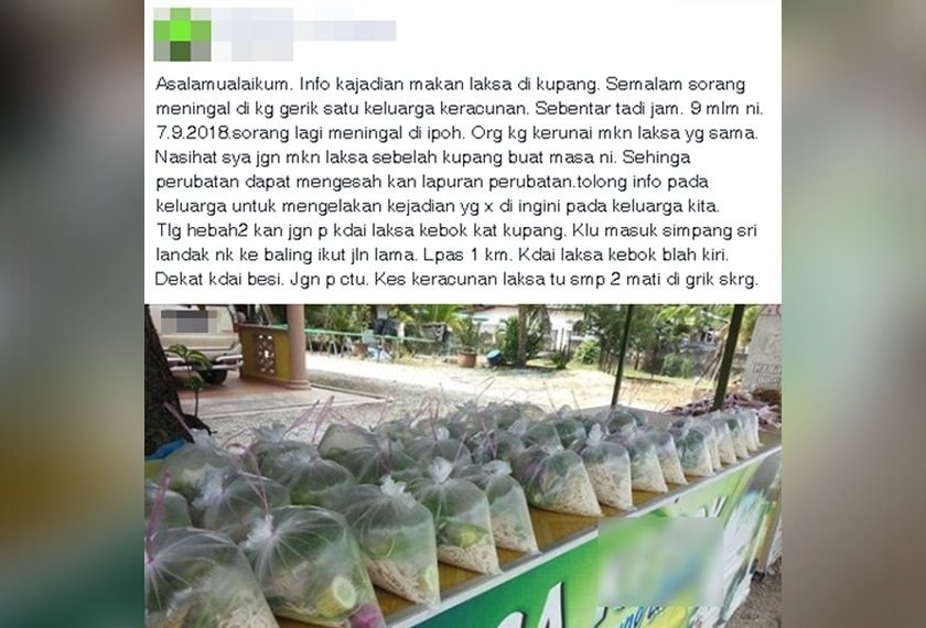Status yang dimuat naik seorang pengguna di Facebook yang mendakwa ada individu maut akibat makan laksa di Baling, Kedah.