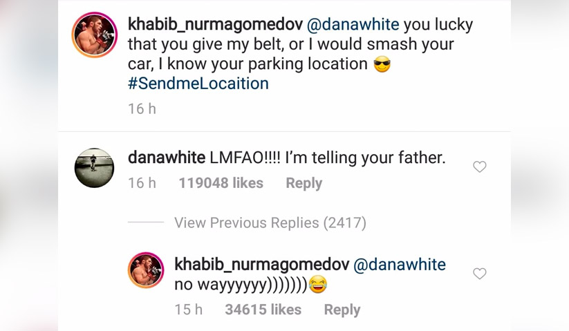 Perbualan Khabib dan Dana White di Instagram. - Instagram/@khabib_nurmagomedov