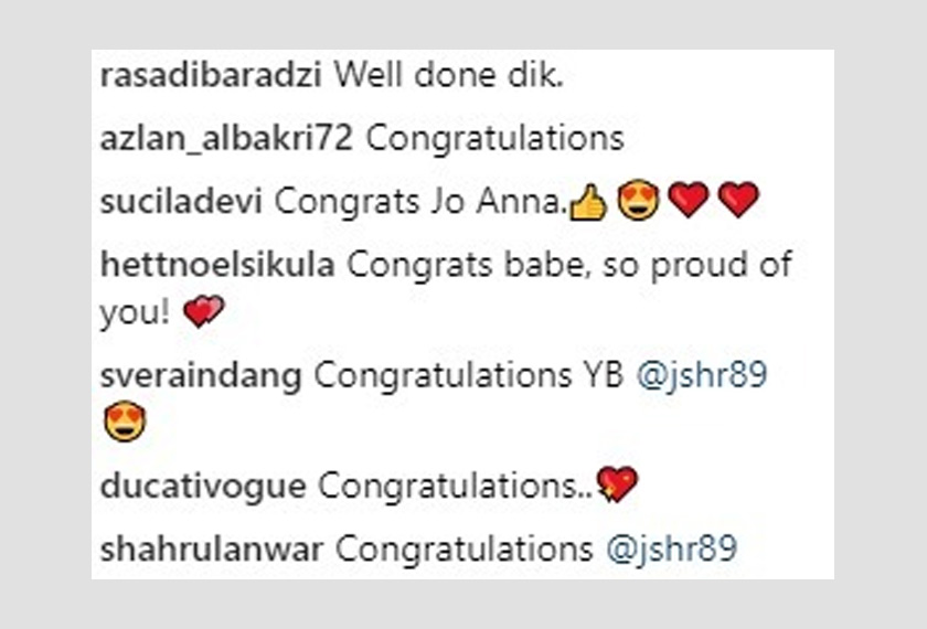 Antara ucapan tahniah dari pengikut-pengikut Jo-Anna di Instagram