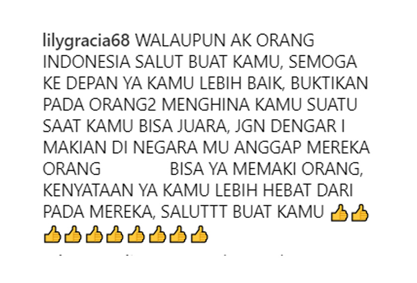 Ada juga penyokong Fatin dari negara Jiran seperti Indonesia yang mengharapkan atlet muda itu terus mencapai cita-citanya. 
