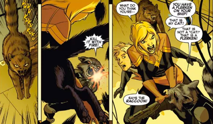 Rocket Raccoon hampir membunuh Chewie tetapi dihalang oleh Captain Marvel. - Marvel Comics