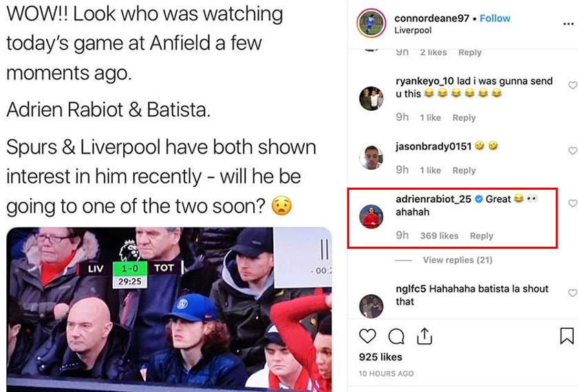 Perkongsian gambar di Instagram Connor Deane turut mencuri perhatian Adrien Rabiot.