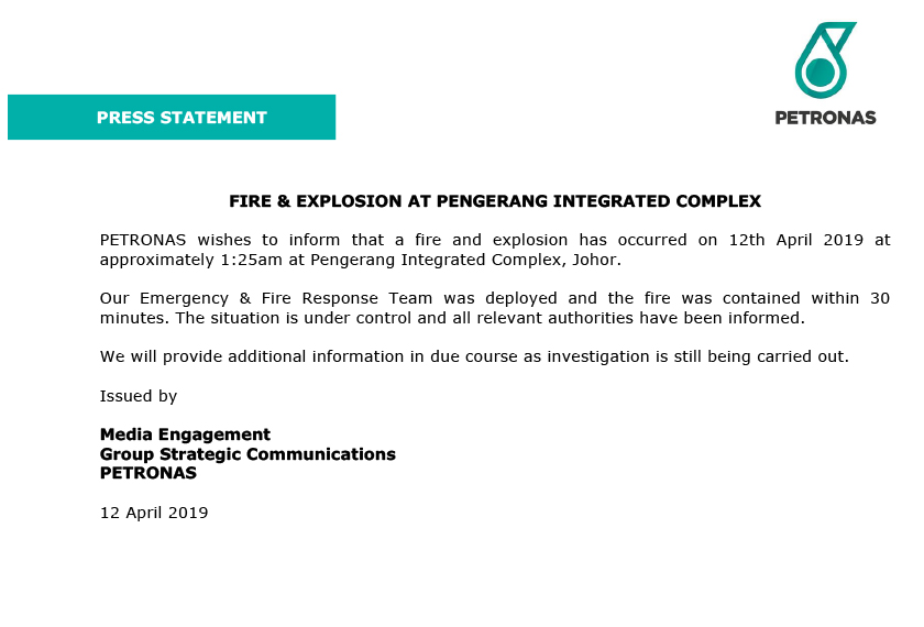 Kenyataan media Petronas.