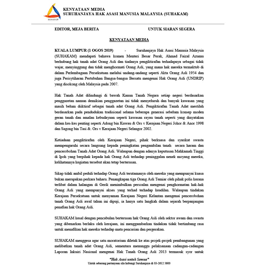 Kenyataan media yang dikeluarkan SUHAKAM pada 1 Ogos 2019