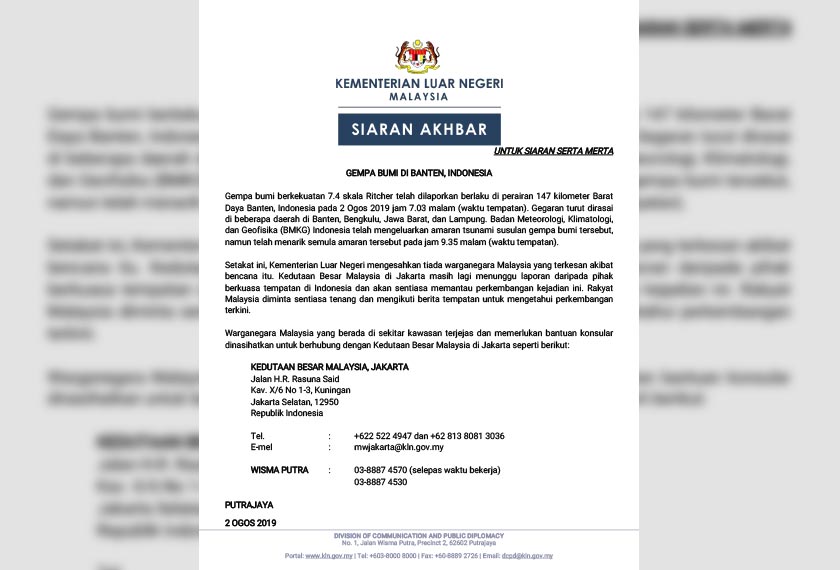 Gambar: Kenyataan Media Kementerian Luar