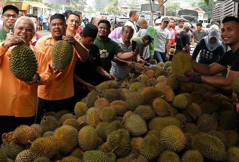 Ishak Ismail (kiri) bersama Pengarah FAMA negeri Fauzi Mohamed (dua, kiri) menunjukkan durian yang dijual dengan harga RM5 sekilogram pada Jualan 'Durian Day' di pekarangan Pejabat FAMA Negeri hari ini. - Bernama