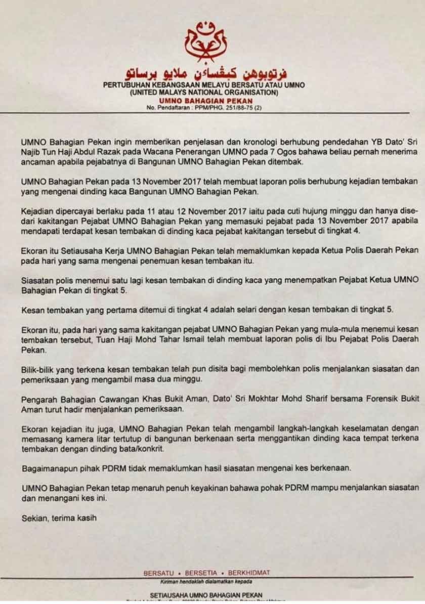 Kenyataan media kesan tembakan di pejabat UMNO, Pekan, Pahang 