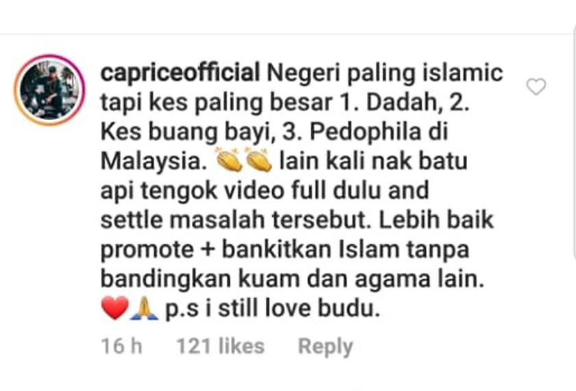 Caprice yang mengatakan negeri itu mencatat angka terbanyak mempunyai masalah dadah, pembuangan bayi dan pedofil
