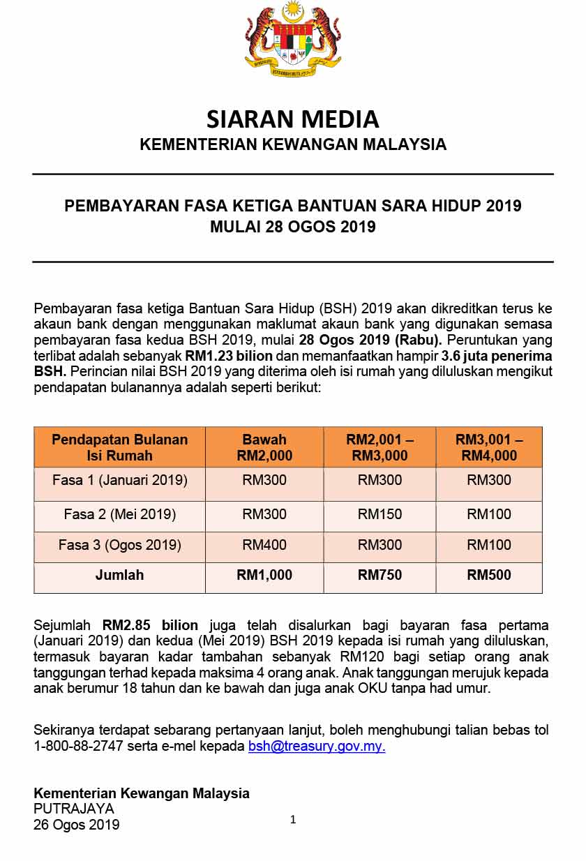 Pembayaran BSH 2019 dibuat melalui tiga fasa.