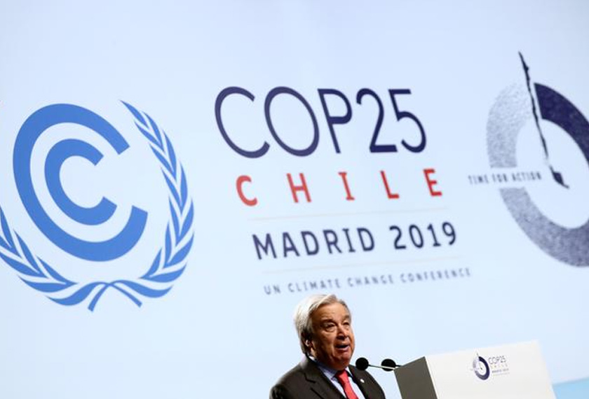 Setiausaha Agung PBB Antonio Guterres menyampaikan ucapan pada pembukaan COP25 di Madrid, 2 Dis, 2019. REUTERS