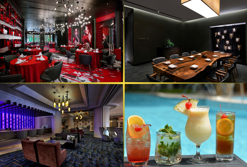   (Dari atas, kiri, ikut arah jam): Red Chinese Cuisine, restoran Jepun Enju, Terrace Poolside Bar & Grill  dan Blu Bar. - Foto: Pullman KLCC 