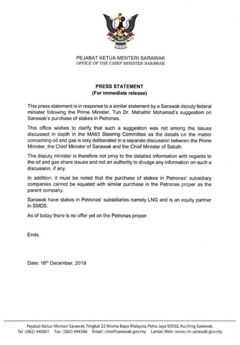Kenyataan Akhbar Pejabat Ketua Menteri Sarawak
