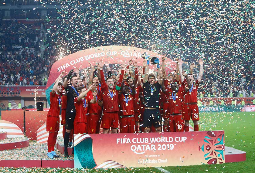 Pemain Liverpool meraikan kejayaan selepas menang Piala Dunia Kelab di Khalifa International Stadium, Doha, Qatar, 21 Dis, 2019. (Foto AP/Fail)