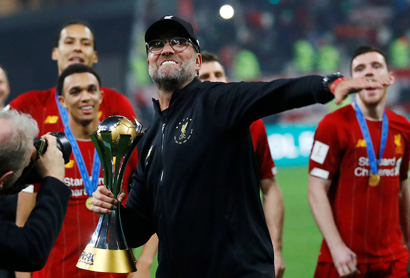Jurgen Klopp meraikan kejayaan pasukannya memenangi trofi Piala Dunia Kelab selepas perlawanan antara Liverpool dan Flamengo di Khalifa International Stadium, Doha, 21 Dis, 2019. REUTERS